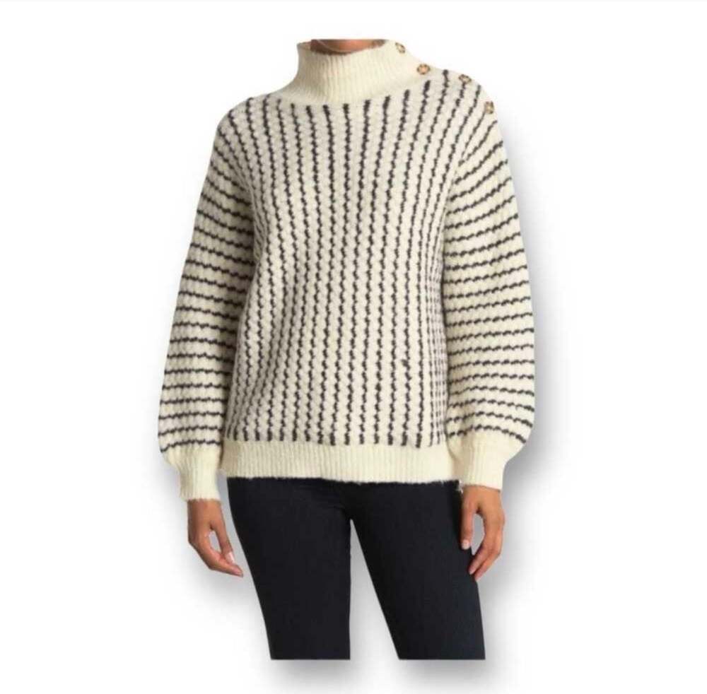 FRNCH Paris Cream and Black Striped Turtleneck Button-Shoulder Sweater